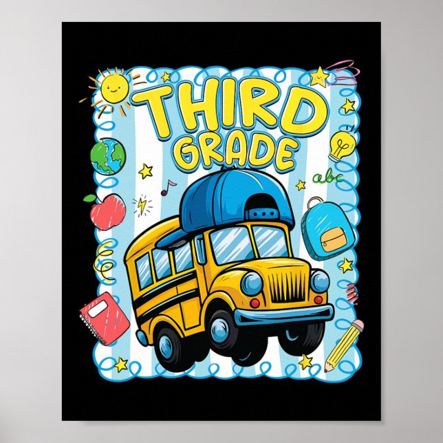 Preppy Third Grade Back To School Funny School Bus Poster (Front)