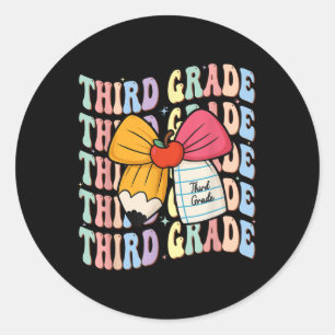 Preppy Third Grade Pencil Coquette Bow Back To Sch Classic Round Sticker