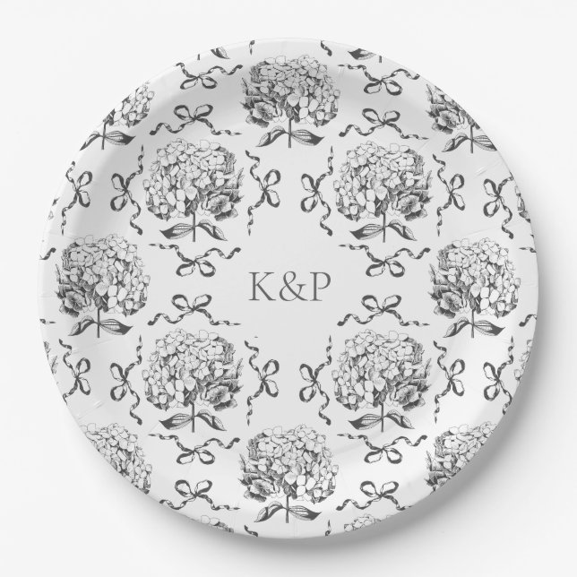Preppy Toile Hydrangea Bow with Name Paper Plate (Front)