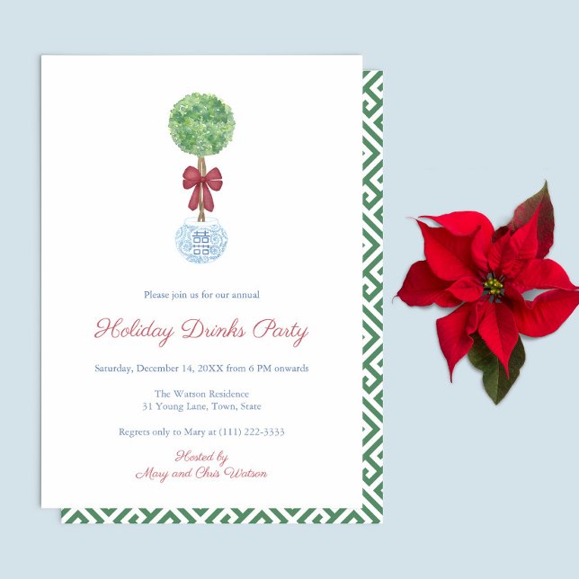 Preppy Topiary Tree Red Green Holiday Drinks Party Invitation (Preppy Boxwood topiary with red bow Holiday Drinks Party Invite. Reverse is green white greek key)