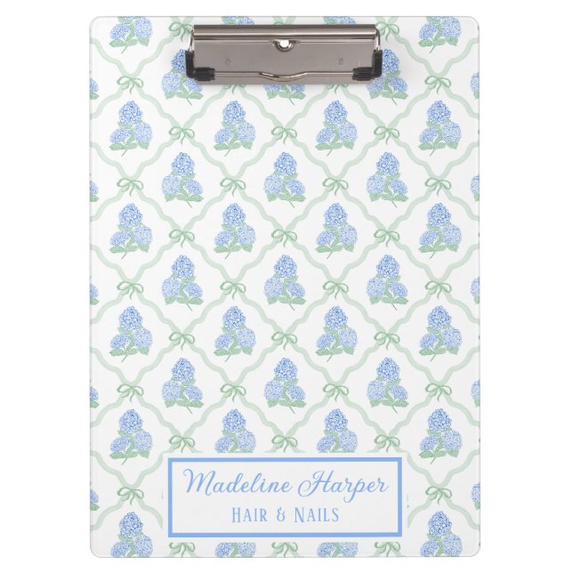 Preppy Trellis Bow Blue & Green Hydrangeas Monogra Clipboard (Front)