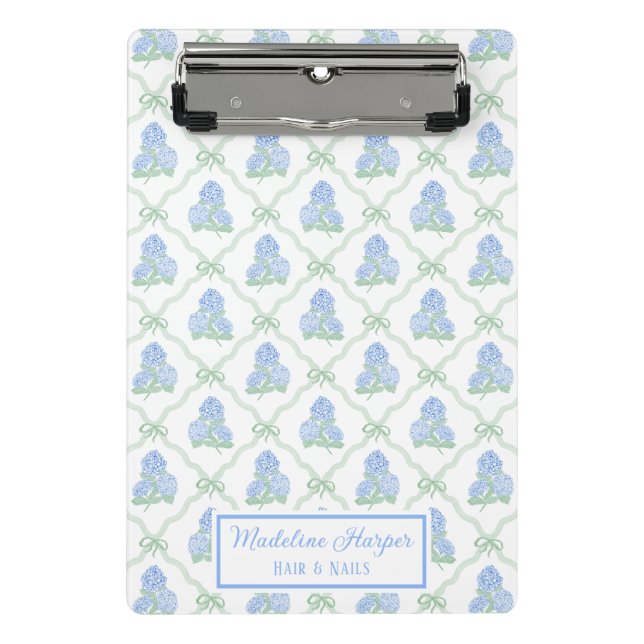 Preppy Trellis Bow Blue & Green Hydrangeas Monogra Mini Clipboard (Front)