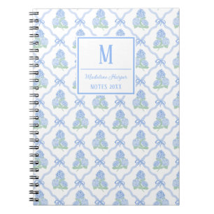 Preppy Trellis Bow Blue & Green Hydrangeas Monogra Notebook