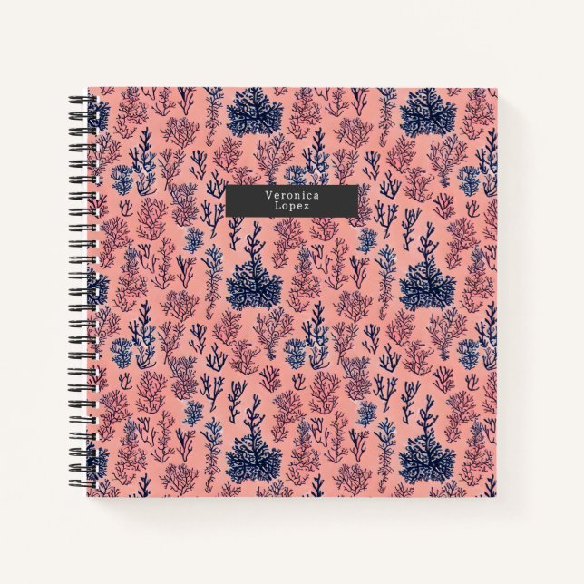 Preppy Tropical Blue and Coral Reef Pattern Notebook (Front)