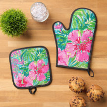 Preppy Tropical Floral Oven Mitt & Pot Holder Set
