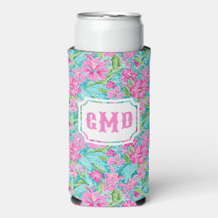 Preppy Tropical Hibiscus Flower Monogram Seltzer Can Cooler