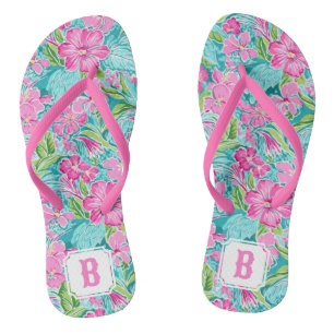 Preppy Tropical Hibiscus Flower   Monogram Thongs