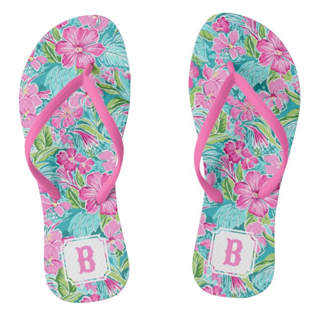 Preppy Tropical Hibiscus Flower | Monogram Thongs (Footbed)