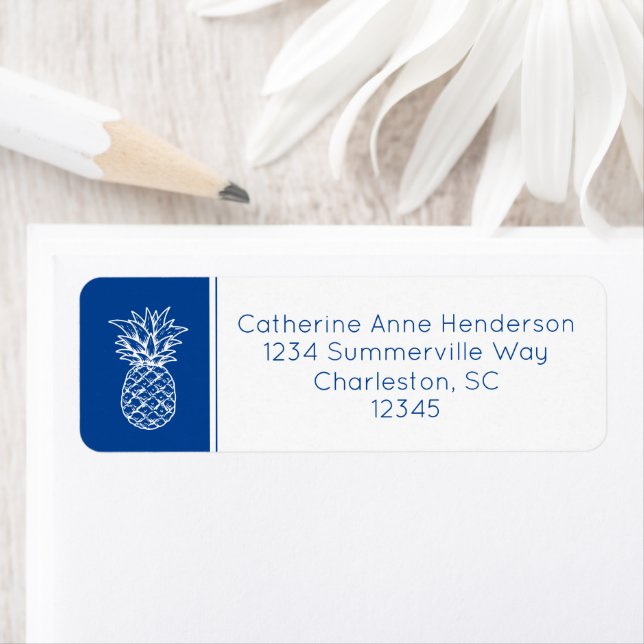 Preppy Tropical Navy Blue Pineapple Personalised Return Address Label (Insitu)
