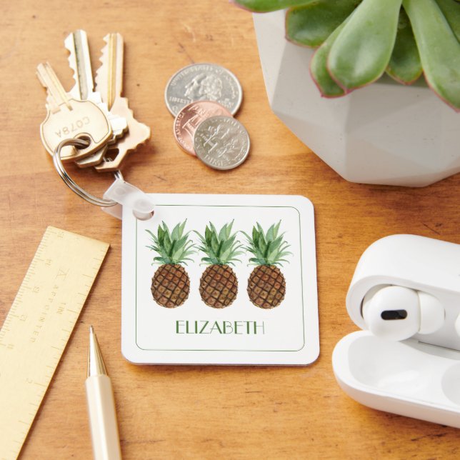 Preppy Tropical Pineapples Personalised Key Ring (Desk)