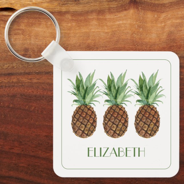 Preppy Tropical Pineapples Personalised Key Ring (Front)