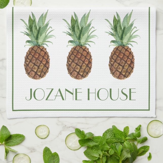 Preppy Tropical Pineapples Personalised Tea Towel (Folded)