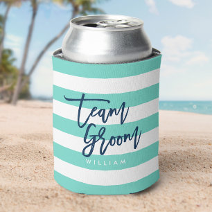 Preppy Turquoise and White Stripes Blue Team Groom Can Cooler