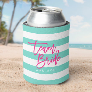 Preppy Turquoise and White Stripes Pink Team Bride Can Cooler