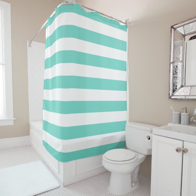 Preppy Turquoise and White Stripes Shower Curtain (In Situ)