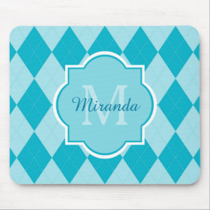 Preppy Turquoise Argyle Girly Monogram and Name Mouse Pad