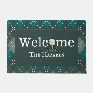 Preppy Turquoise Grey Argyle Golf Welcome Entry Doormat