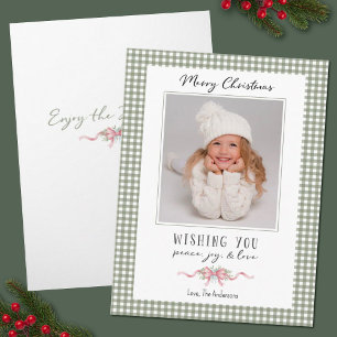 Preppy Vintage Pink Bow Christmas Photo Holiday Card