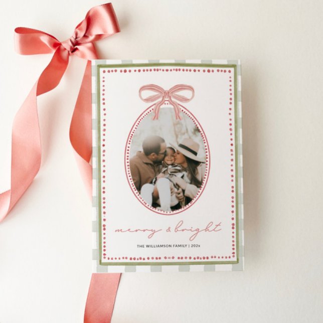 Preppy Vintage Pink Bow Family Photo Christmas Holiday Card (Preppy Pink Watercolor Family Photo Christmas Card)