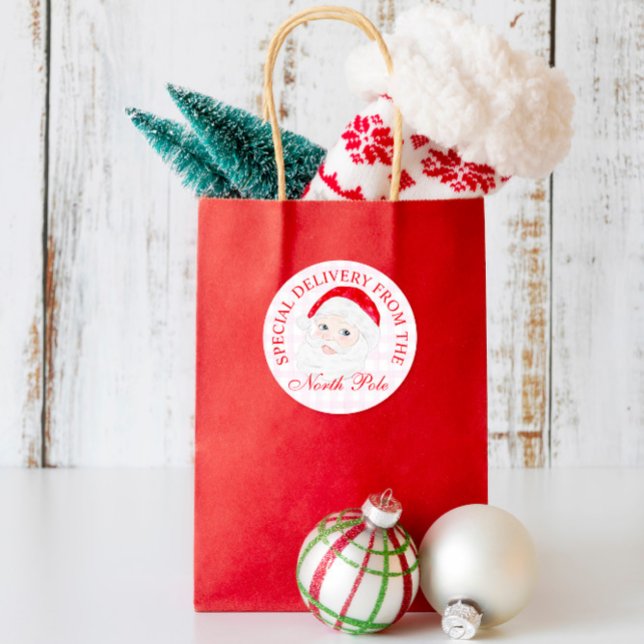 Preppy Vintage Santa Christmas Presents  Classic Round Sticker (Creator Uploaded)