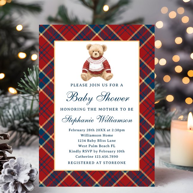 Preppy Vintage Teddy Bear Christmas Baby Shower Invitation (Creator Uploaded)