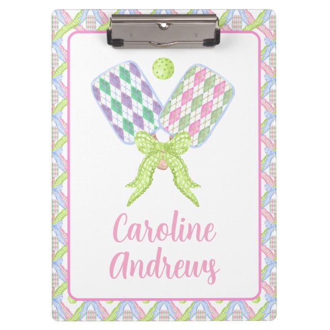 Preppy Watercolor Argyle Pickleball Paddles Clipboard (Front)