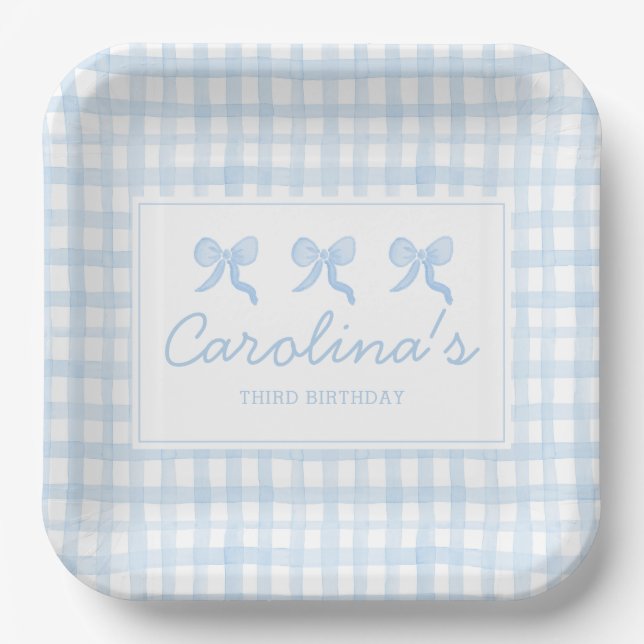 Preppy Watercolor Blue Gingham Personalised Paper Plate (Front)