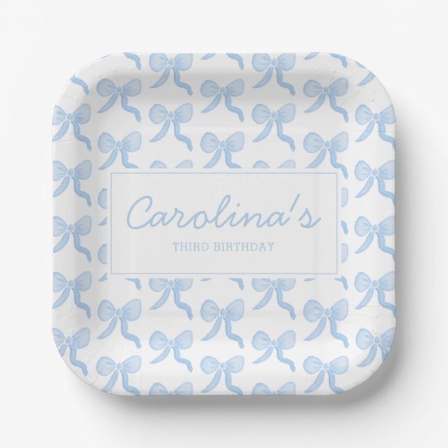 Preppy Watercolor Blue Watercolor Bows Personalise Paper Plate (Front)