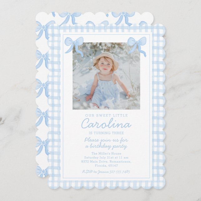 Preppy Watercolor Bows Gingham Custom Photo Invitation (Front/Back)