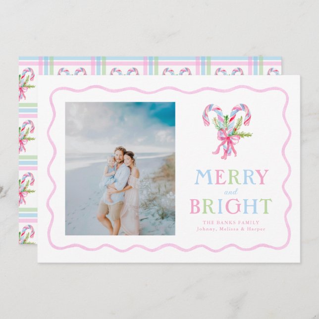 Preppy Watercolor Candy Canes Wavy Frame  Holiday Card (Front/Back)
