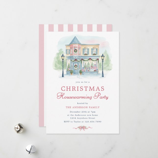 Preppy Watercolor Christmas Housewarming Invite (Front/Back In Situ)
