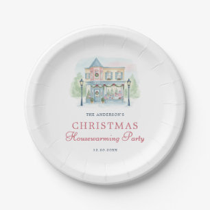 Preppy Watercolor House Merry Christmas Paper Plate