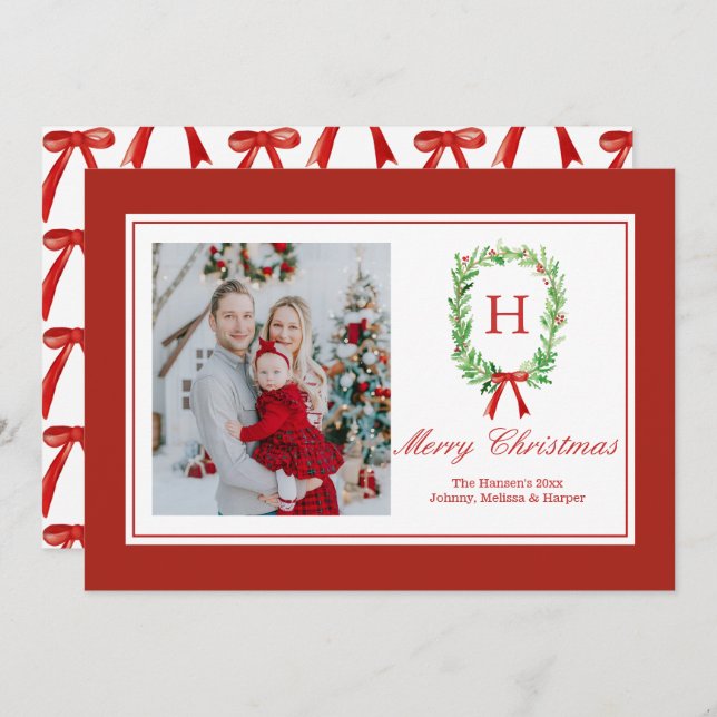 Preppy Watercolor Monogram Wreath Holiday Card (Front/Back)