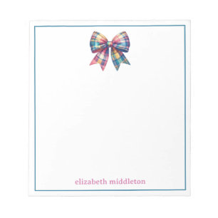 Preppy Watercolor Plaid Bow Personalised Notepad