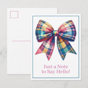Preppy Watercolor Plaid Bow Personalised Postcard
