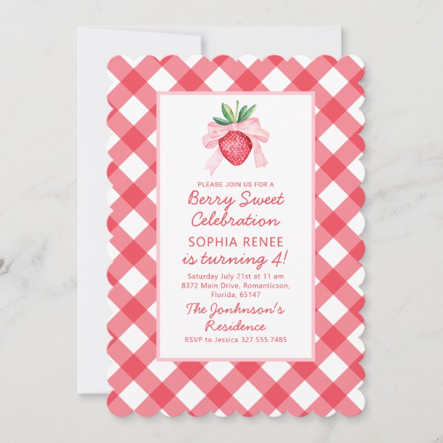 Preppy Watercolor Strawberries Berry Sweet Invitation (Front)