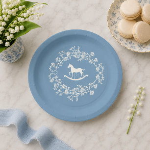 Preppy Wedgewood Blue Rocking Horse Baby Shower Paper Plate