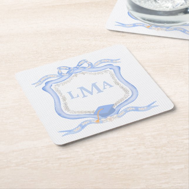 Preppy Wedgewood Monogram Graduation Square Paper Coaster (Angled)