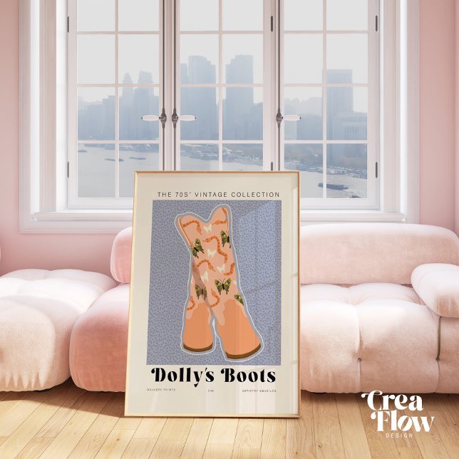 Preppy Western Boots Wall Art Decor (Peach-colored cowgirl boots with snake and butterfly motifs, set against a Baby blue background)