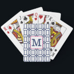 Preppy White Blue Octagon Monogram Initial Playing Cards<br><div class="desc">These preppy monogram white navy cards are perfect for hand and foot,  hearts,  poker and whichever other card game your family likes to play. Personalise with an initial. This white navy octagon pattern can be found on other items in my store,  PageCreativeDesigns.</div>