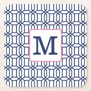 Preppy White Blue Octagon Monogram Initial Square Paper Coaster