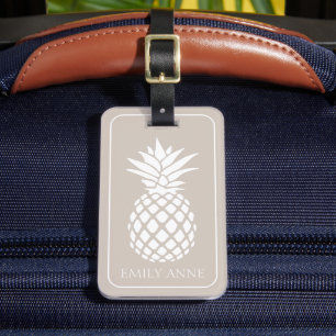 Preppy White Pineapple on Beige Luggage Tag