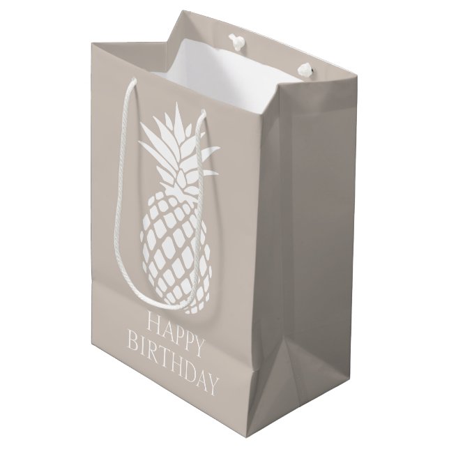 Preppy White Pineapple on Beige Medium Gift Bag (Front Angled)