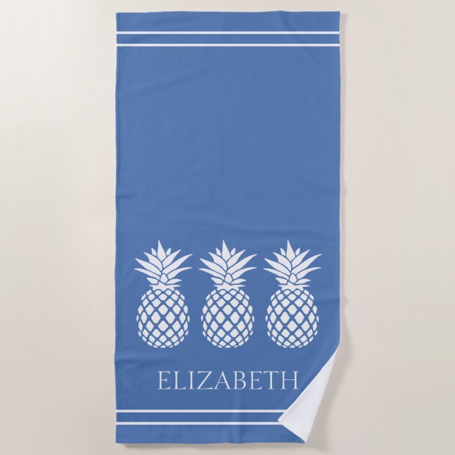 Preppy White Pineapple on Blue Beach Towel (Front)