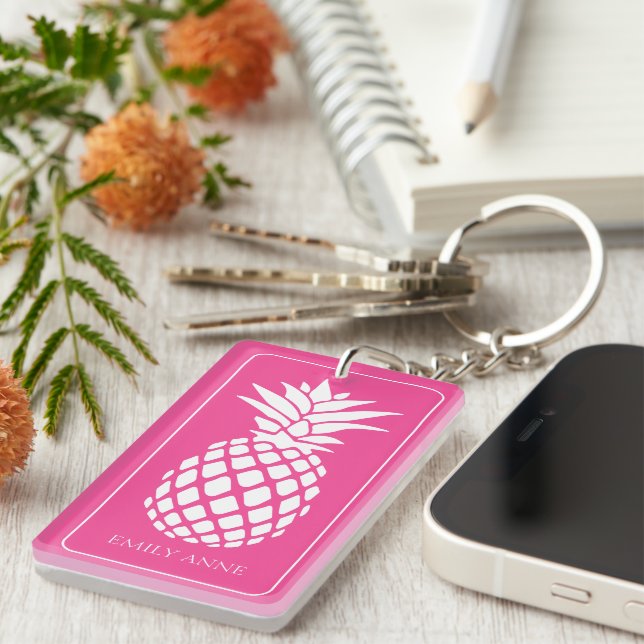 Preppy White Pineapple on Pink Key Ring (Front Right)