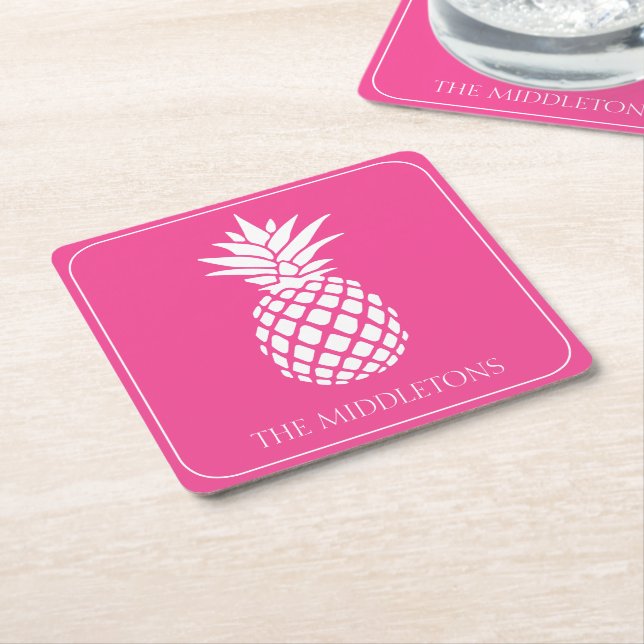 Preppy White Pineapple on Pink Square Paper Coaster (Angled)