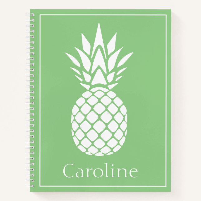 Preppy White Pineapple on Sage Green Notebook (Front)