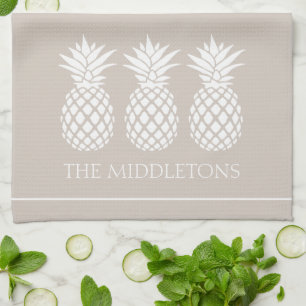 Preppy White Pineapples on Beige Tea Towel