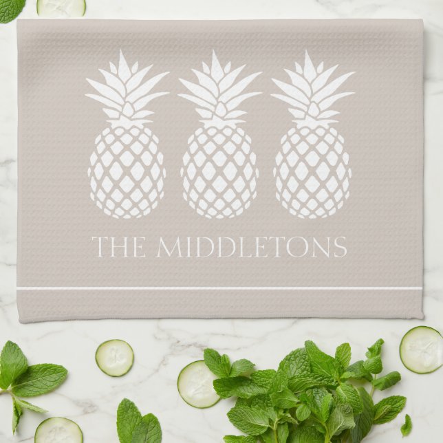 Preppy White Pineapples on Beige Tea Towel (Folded)