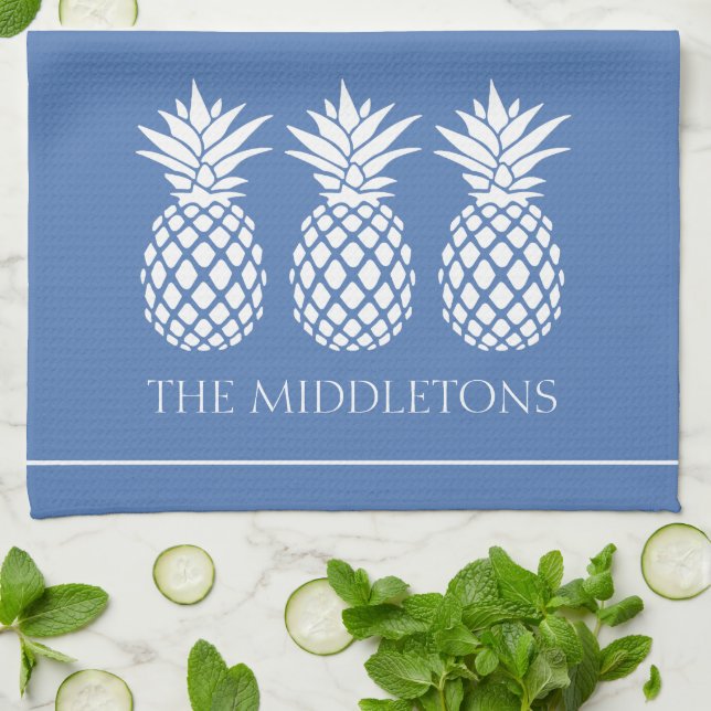 Preppy White Pineapples on Blue Tea Towel (Folded)